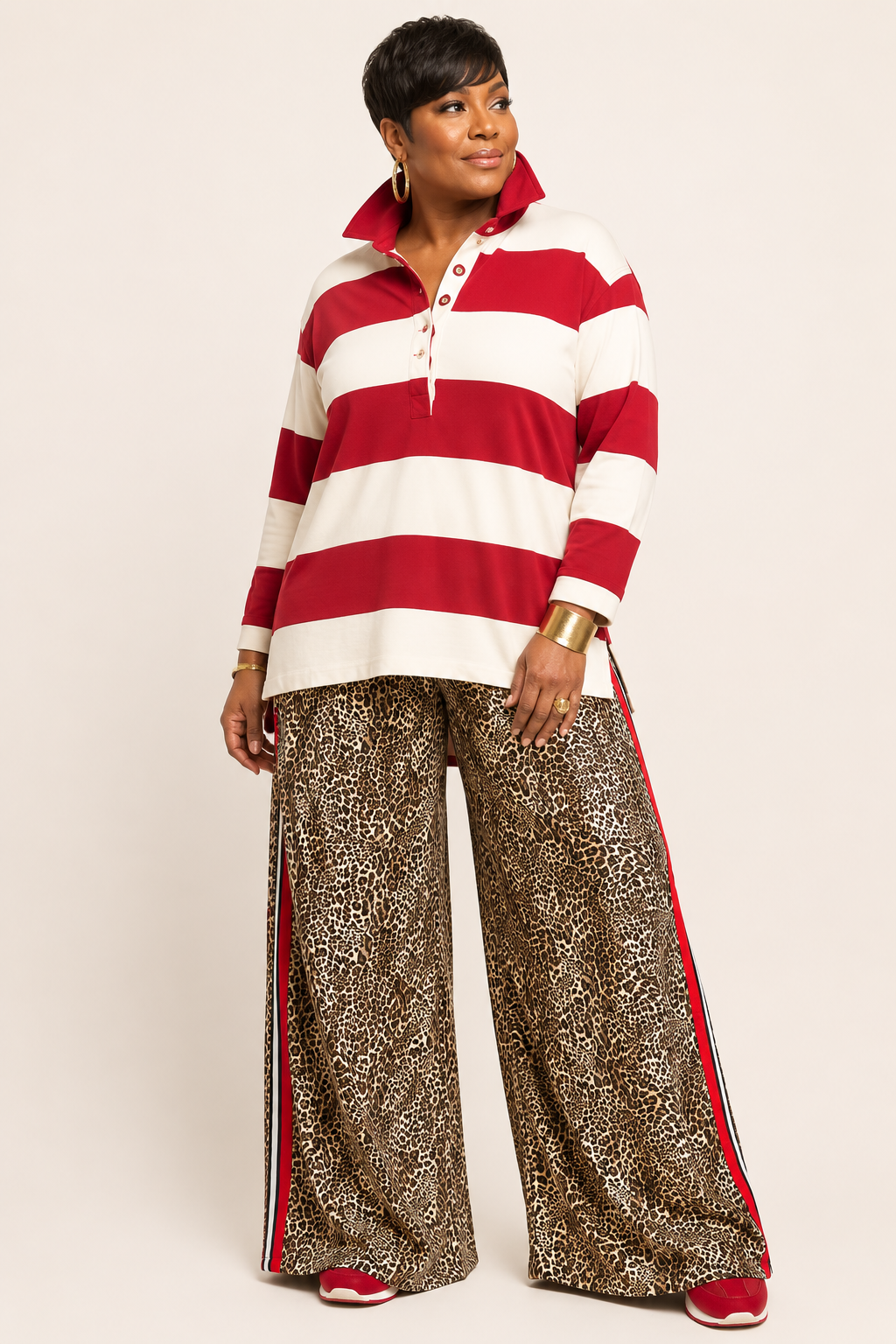 Leopard Print Red Stripe Wide-Leg Pants