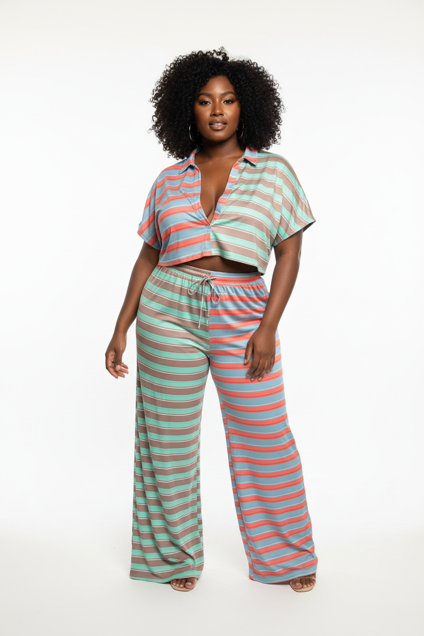 2-Piece Stripe Set - Mint & Taupe
