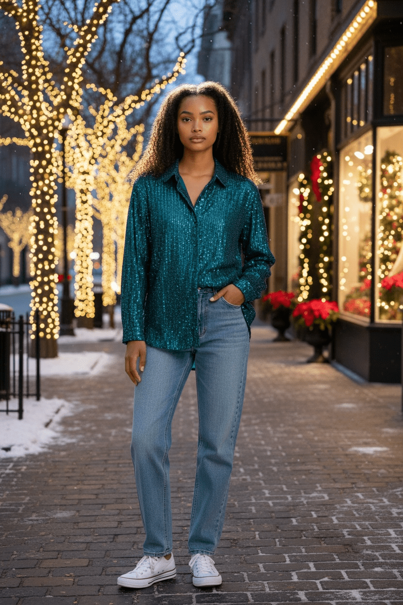 Button Down Sequin Blouse - House of FaSHUN by Shun Melson