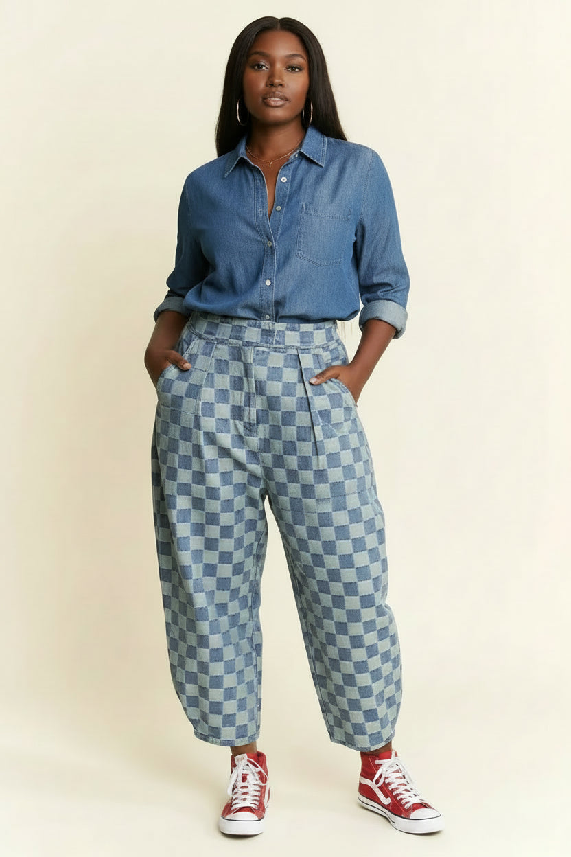 Checkered Denim Barrel Jeans
