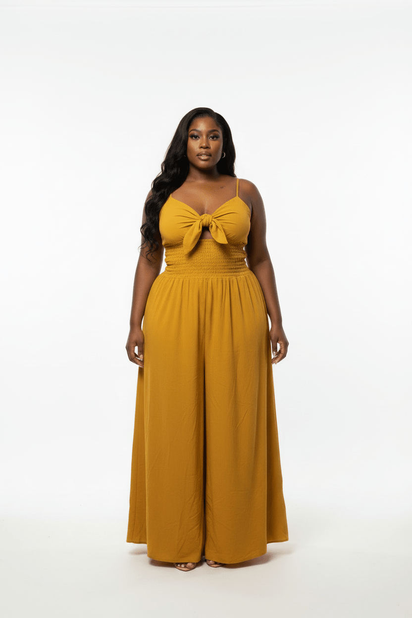 Mustard Tie-Front Smocked Maxi Jumpsuit - House of FaSHUN by Shun Melson