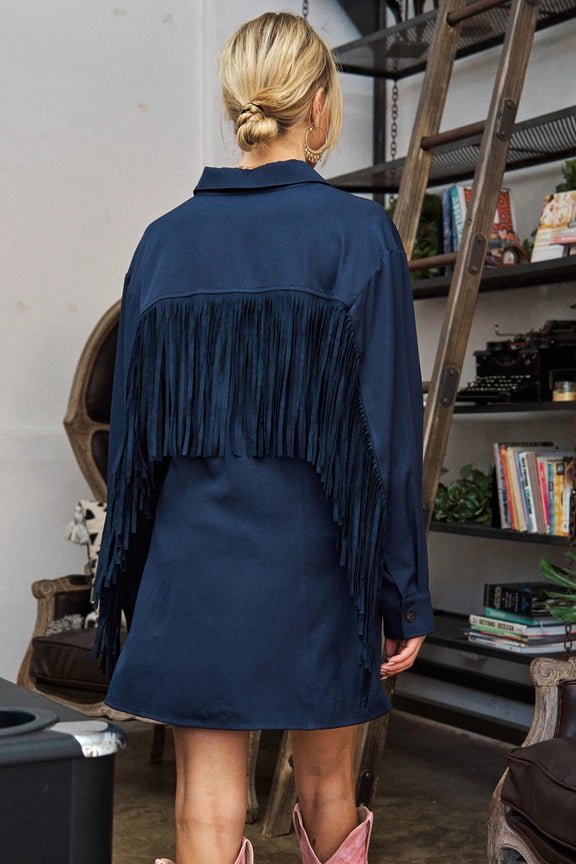 Navy Fringe Shirt Dress - House of FaSHUN by Shun Melson