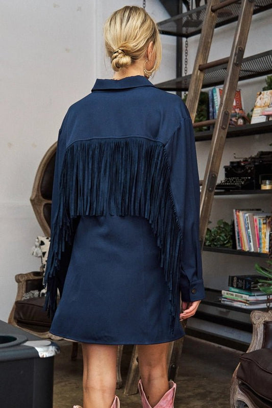 Navy Fringe Shirt Dress - House of FaSHUN by Shun Melson