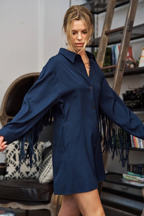 Navy Fringe Shirt Dress - House of FaSHUN by Shun Melson