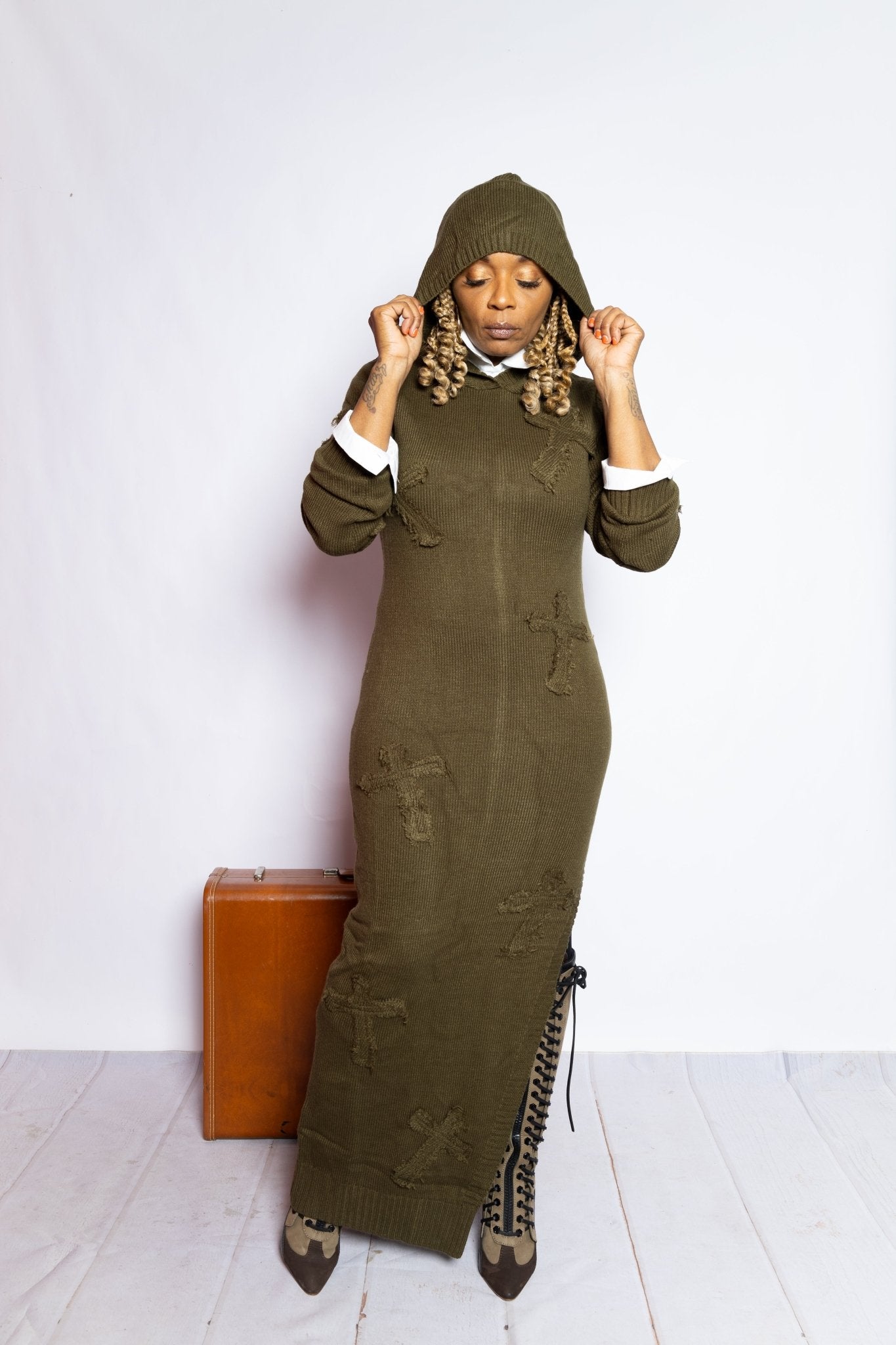 Olive Cross Knit Sweater Dress - House of FaSHUN by Shun Melson