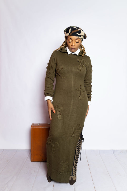 Olive Cross Knit Sweater Dress - House of FaSHUN by Shun Melson