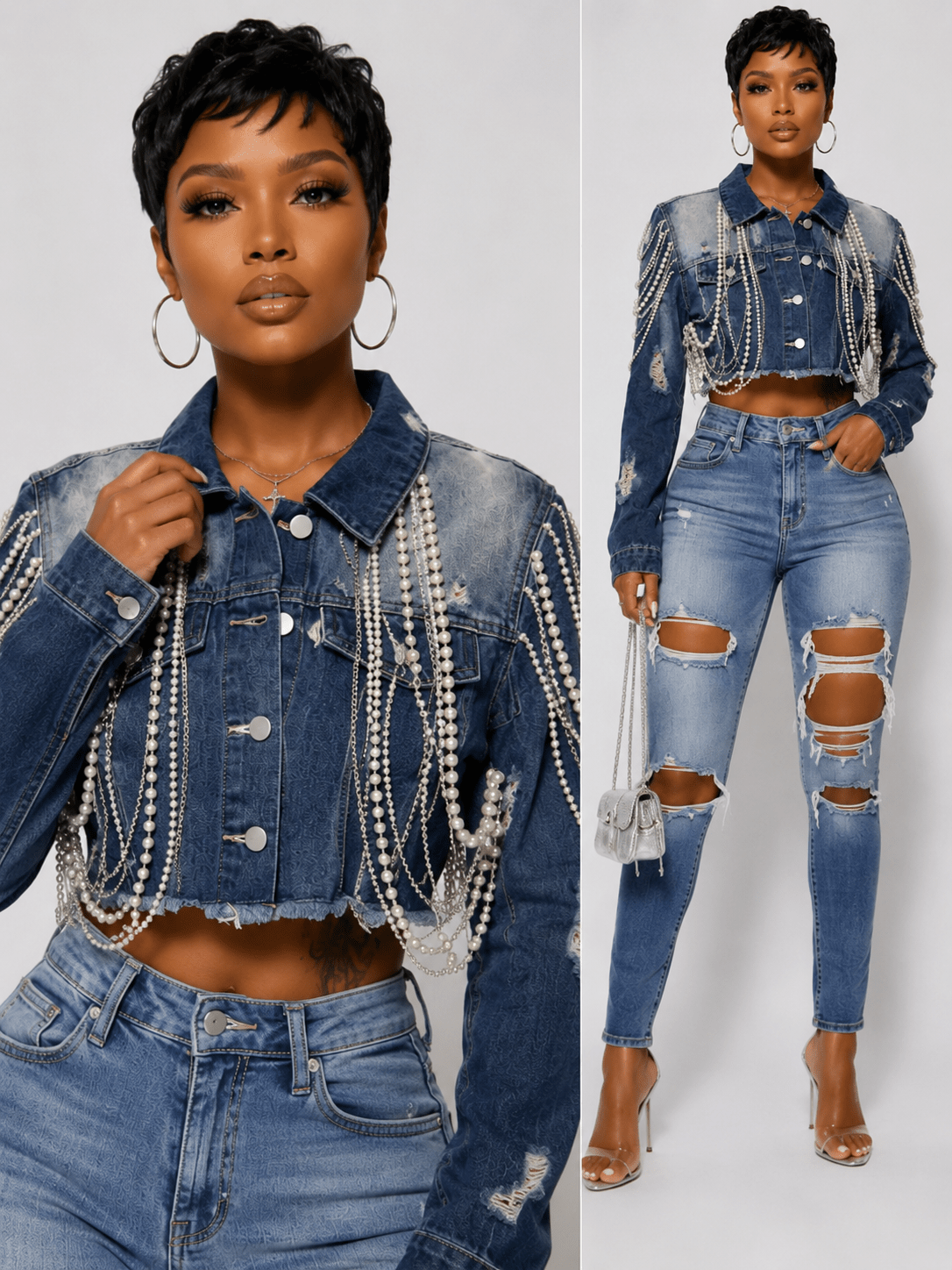 Pearl Denim Cropped Jacket - House of FaSHUN by Shun Melson