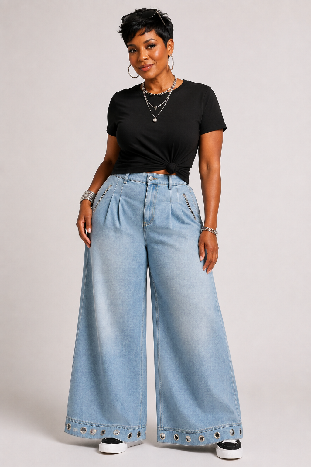 Denim Grommet Wide-Leg Jeans