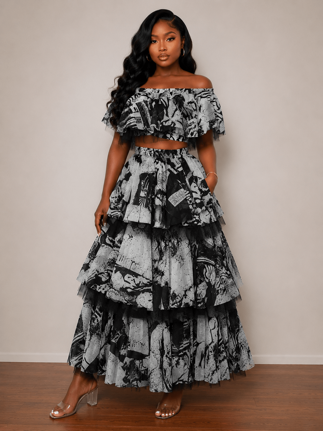Abstract Print Off-Shoulder Ruffle Crop Top & Tiered Maxi Skirt Set - House of FaSHUN by Shun Melson