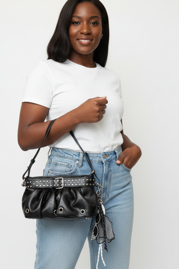 Black Studded Ruched Bag - Regular Top Handle