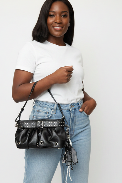 Black Studded Ruched Bag - Regular Top Handle