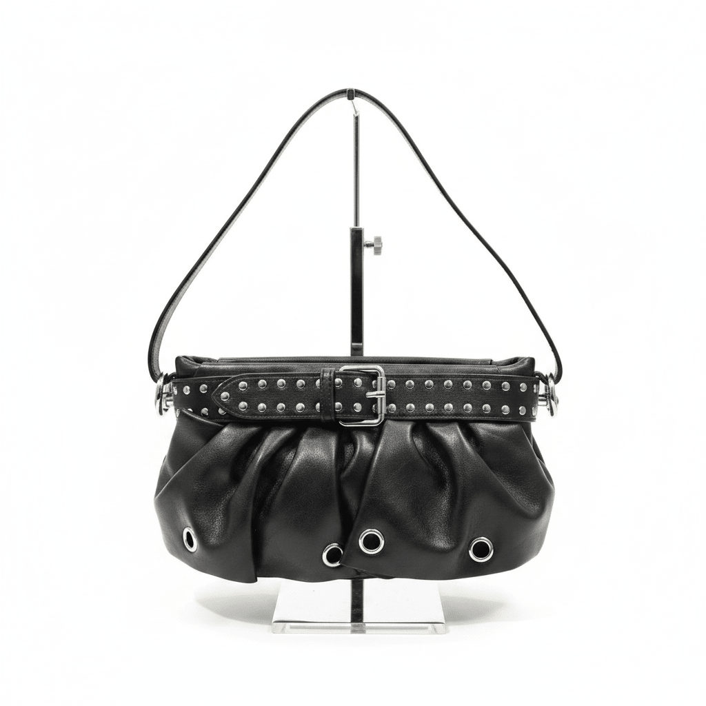 Black Studded Ruched Crossbody Bag - House of FaSHUN by Shun Melson