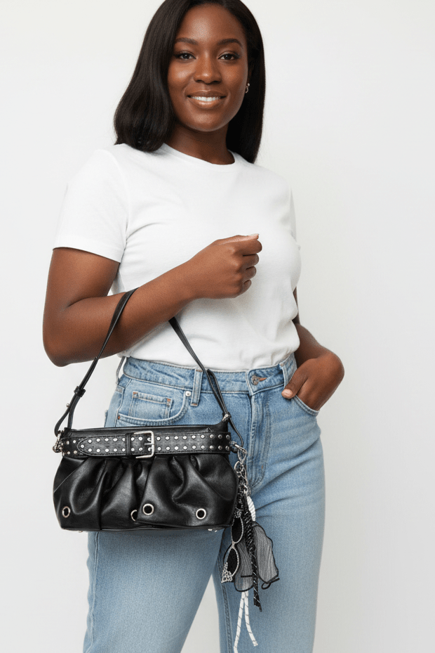 Black Studded Ruched Crossbody Bag - House of FaSHUN by Shun Melson