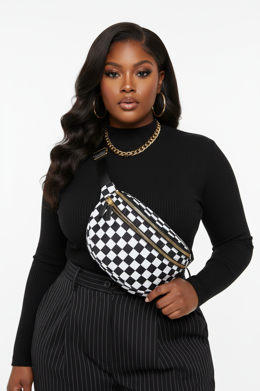 Black & White Double Zip - Curvy Black Model