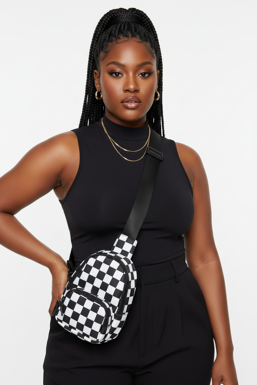 Black & White Mini Sling - Curvy Black Model