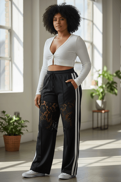 Black White Side Striped Shorts/Lace Bottom Pants - House of FaSHUN by Shun Melson