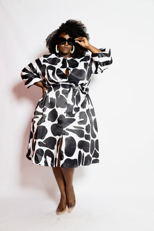 Black White Striped Coat Dress/Puff Sleeve - House of FaSHUN by Shun Melson