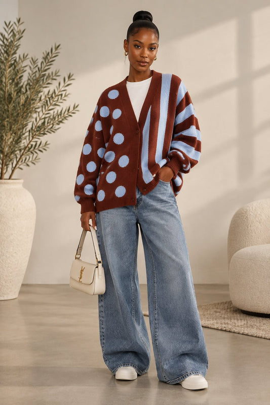 Brown Blue Dot Cardigan - House of FaSHUN by Shun Melson
