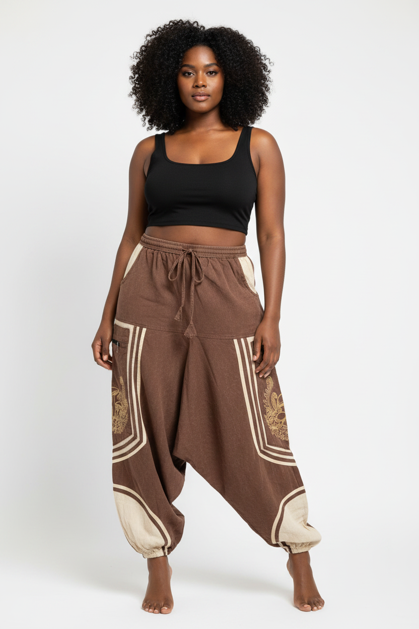 Brown Harem Pants on Black Curvy Model