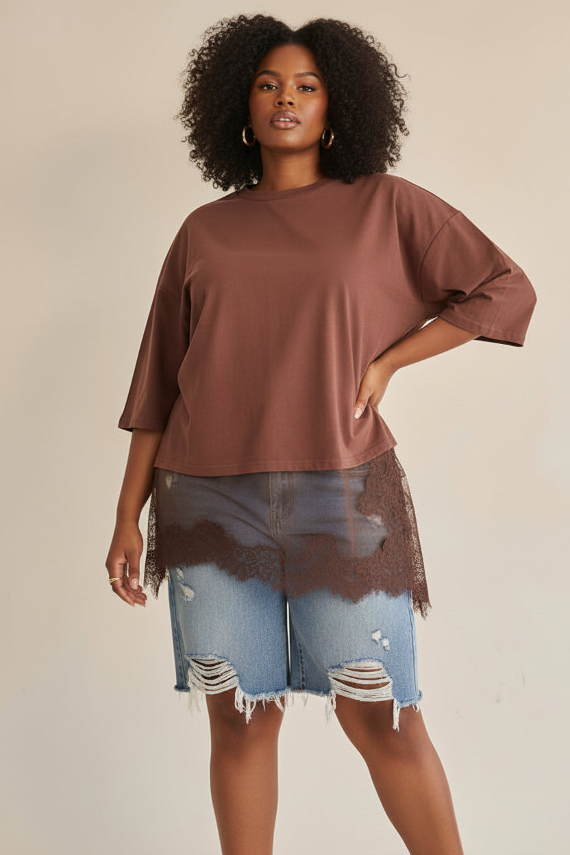Brown Lace Trim Tee