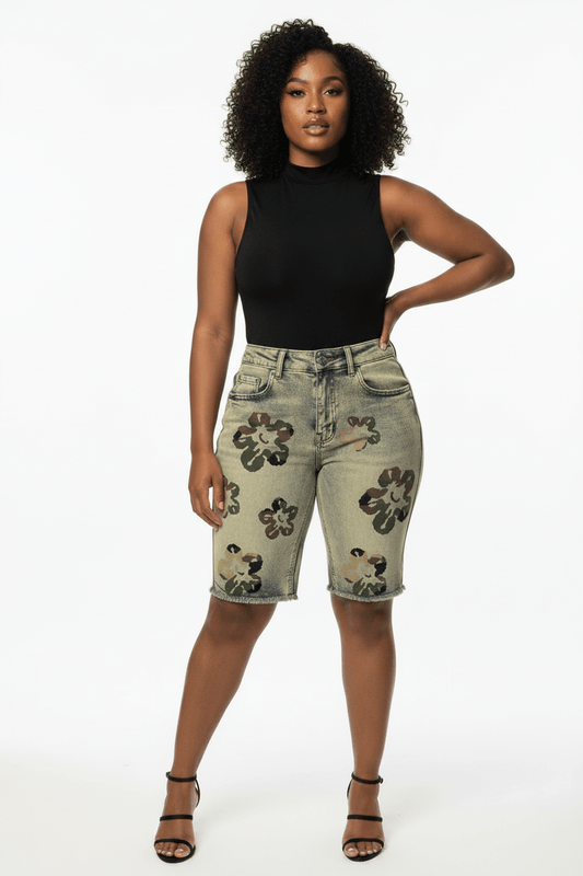 Camo Floral Acid Wash Denim Shorts - House of FaSHUN by Shun Melson