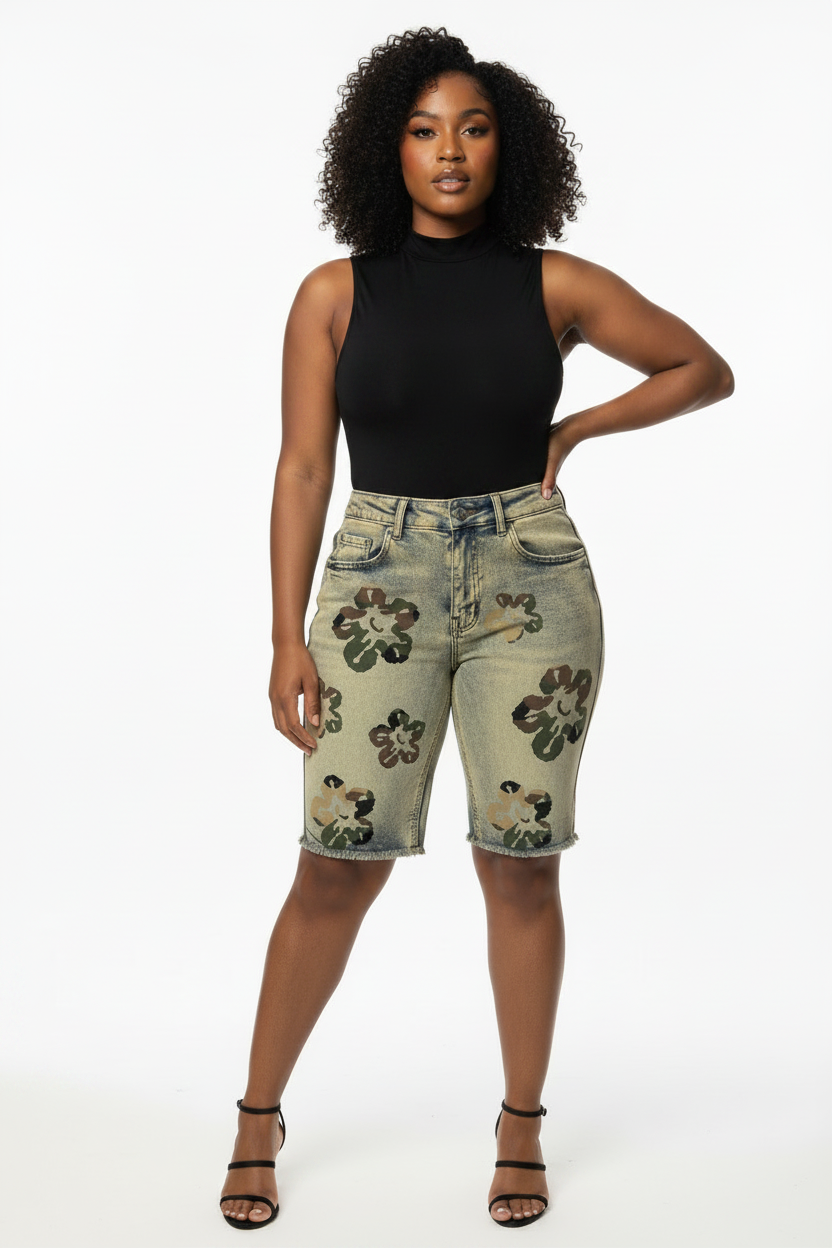 Camo Floral Denim Shorts - Dressed Up Look