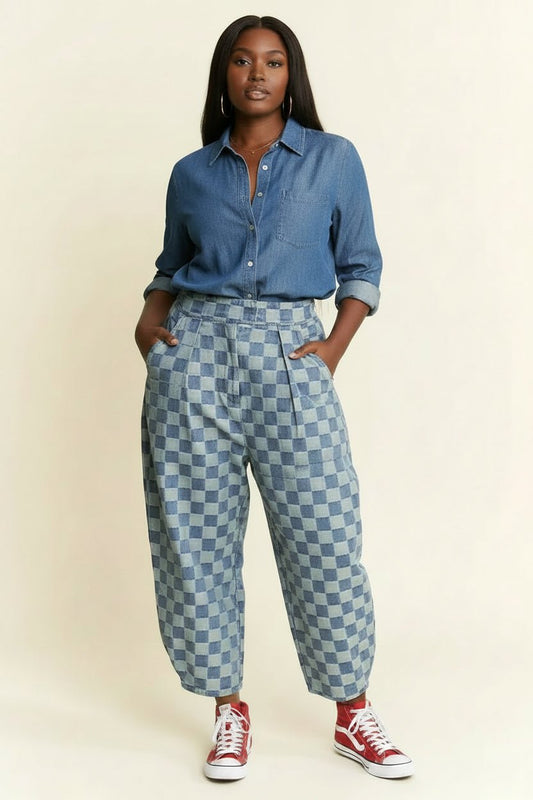 Checkered Denim Barrel Jeans - House of FaSHUN by Shun Melson