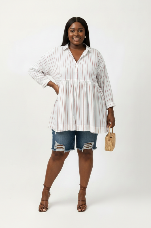 Creme and Red Pinstripe Blouse - House of FaSHUN by Shun Melson