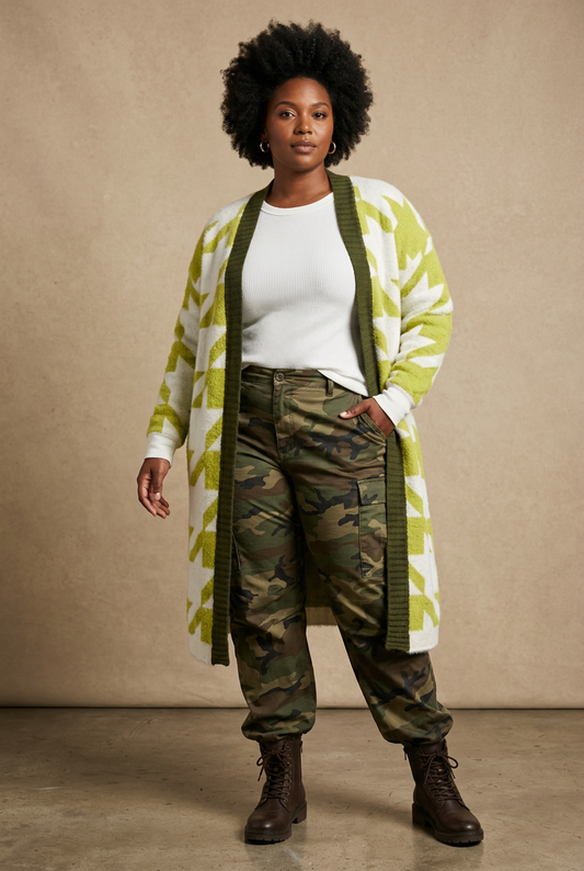 Curvy model wearing the houndstooth cardigan with camo pants and a white thermal shirt