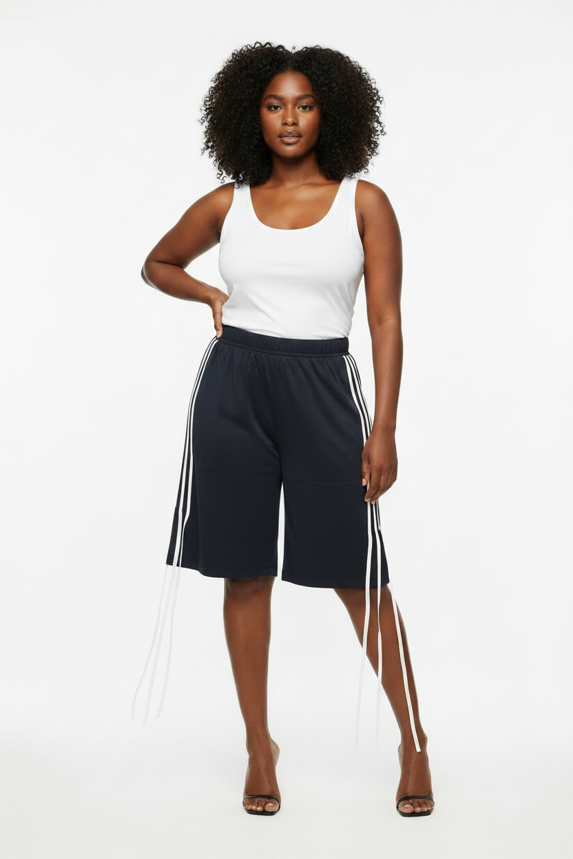 Dark Navy String Shorts - White Tank Top