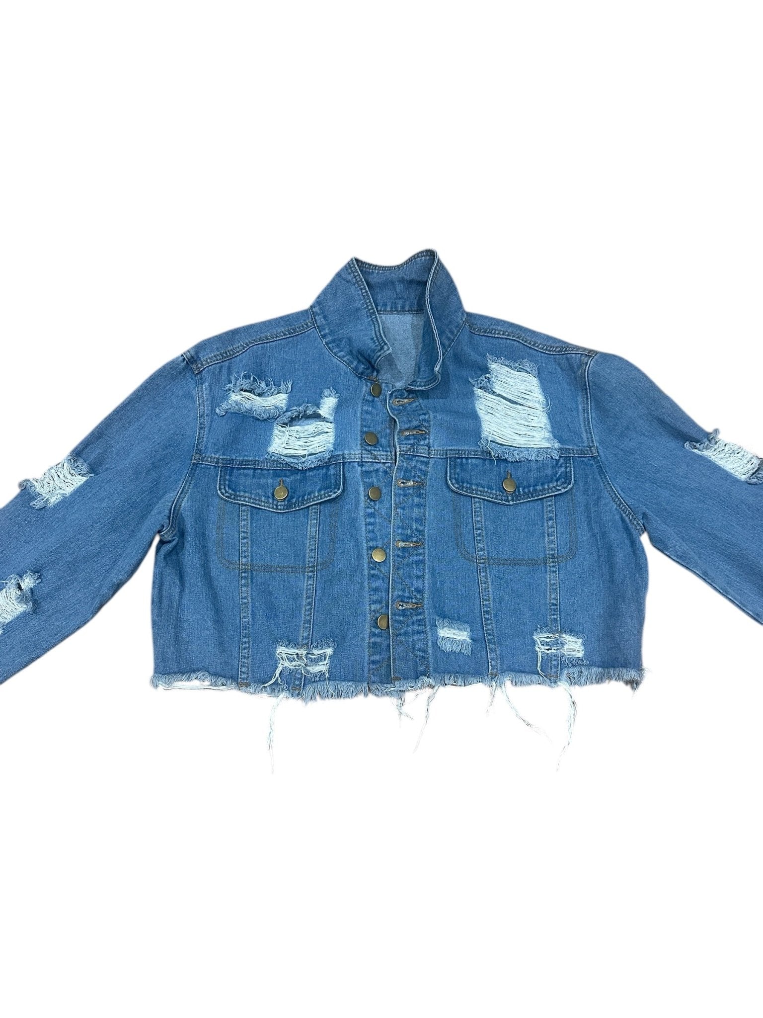 Denim Cropped Distressed Jacket PLUS - House of FaSHUN by Shun Melson