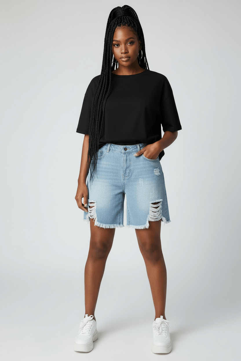 Denim High Distressed Side Shorts - House of FaSHUN by Shun Melson