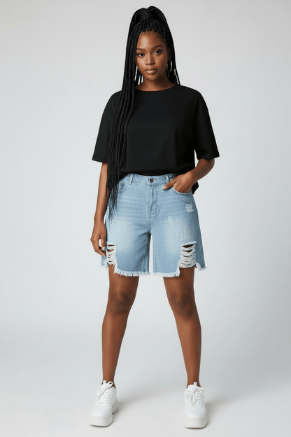 Denim High Distressed Side Shorts - House of FaSHUN by Shun Melson