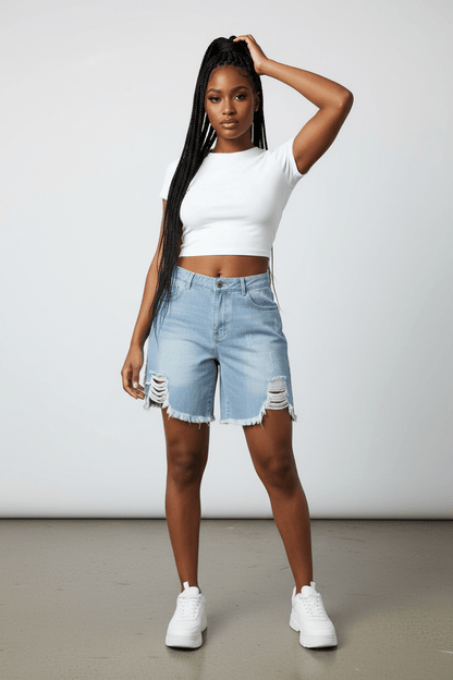 Denim High Distressed Side Shorts - House of FaSHUN by Shun Melson