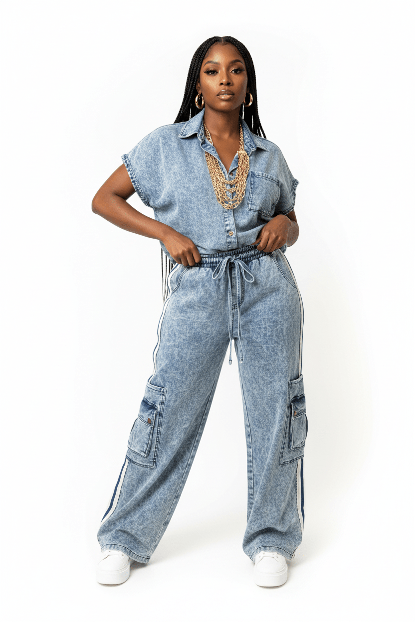 Denim Navy Stripe Cargo Pants - House of FaSHUN by Shun Melson