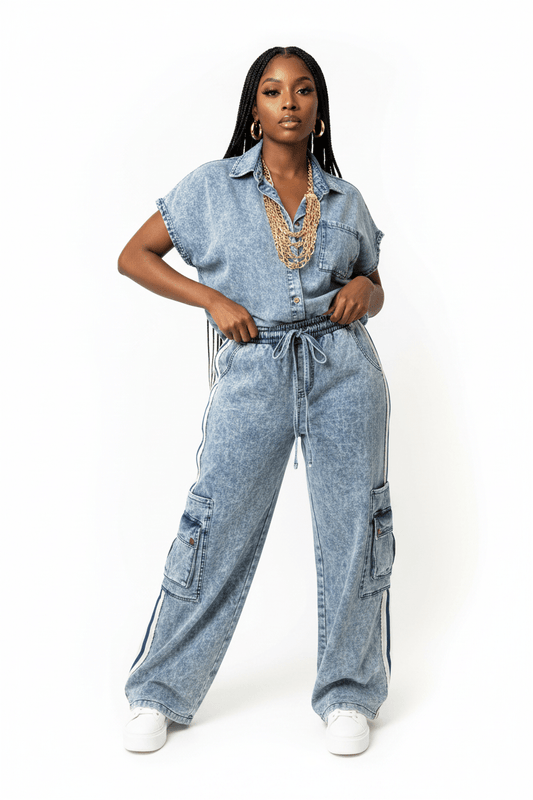 Denim Navy Stripe Cargo Pants - House of FaSHUN by Shun Melson