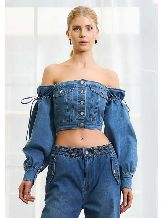 Denim Off The Shoulder Blouse - House of FaSHUN by Shun Melson