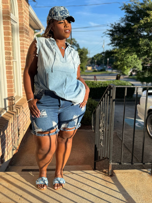 Denim Sleeveless Blouse PLUS - House of FaSHUN by Shun Melson