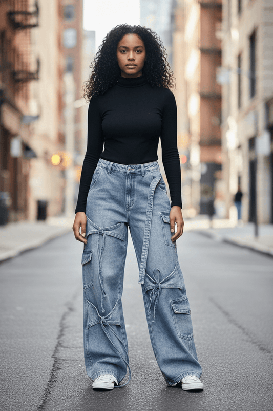 Denim Tie Front Jeans - House of FaSHUN by Shun Melson