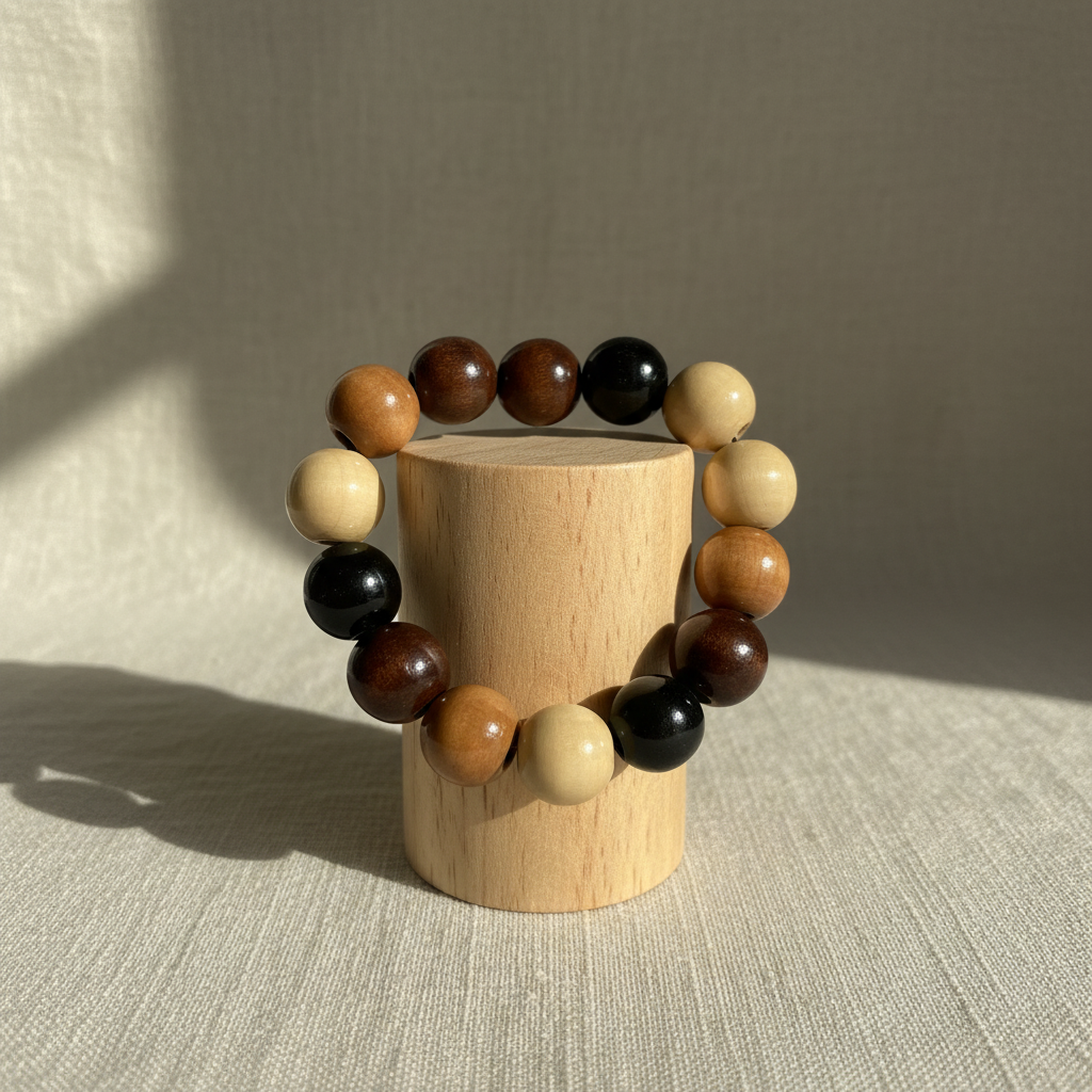 Earth tone multi bracelet on wood cylinder stand
