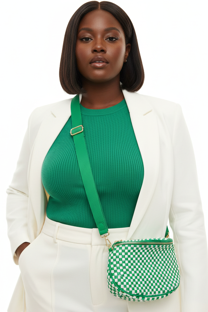 Green & White Woven Crossbody - Curvy Black Model