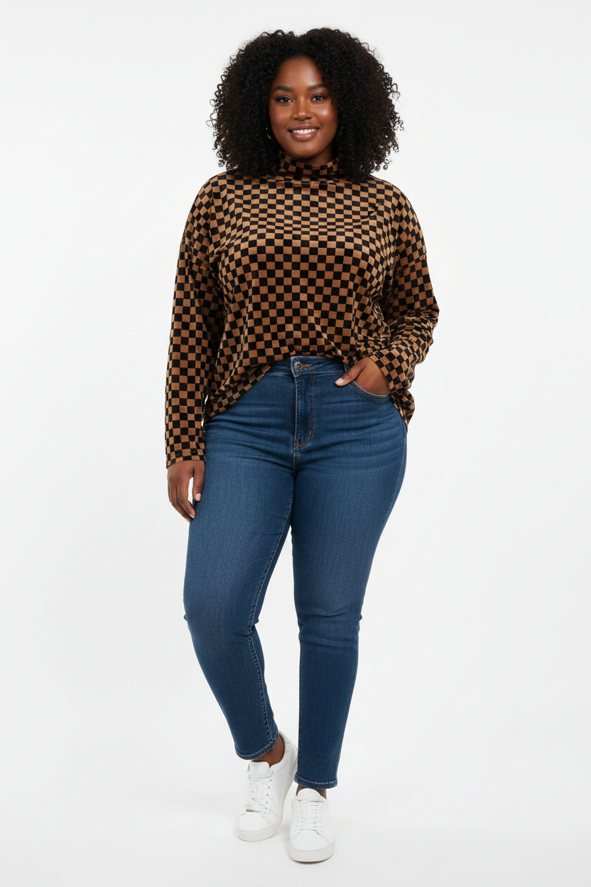 Checkerboard Velvet Mock Neck Top on Black Curvy Model
