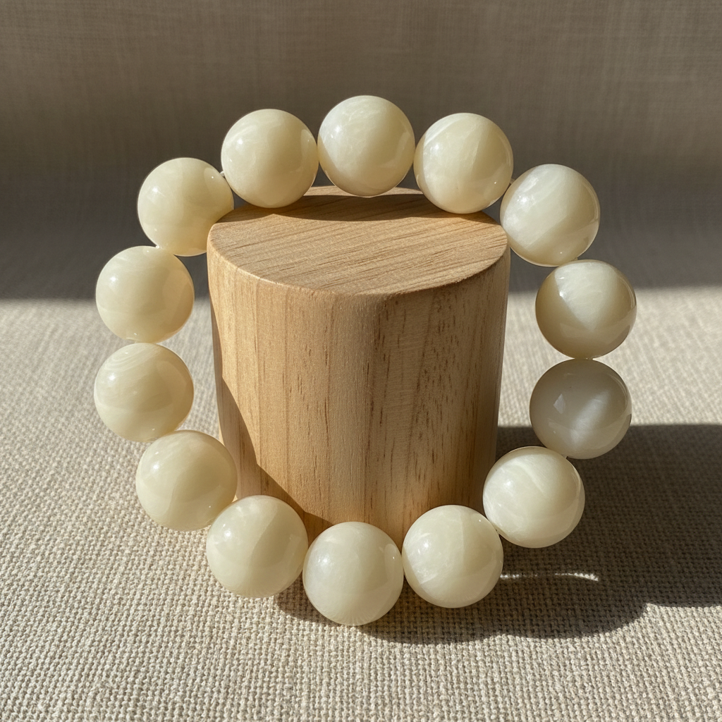 Ivory champagne bracelet on wood cylinder stand