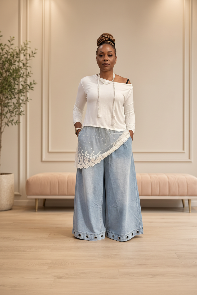 Ivory Top & Denim Palazzo Outfit
