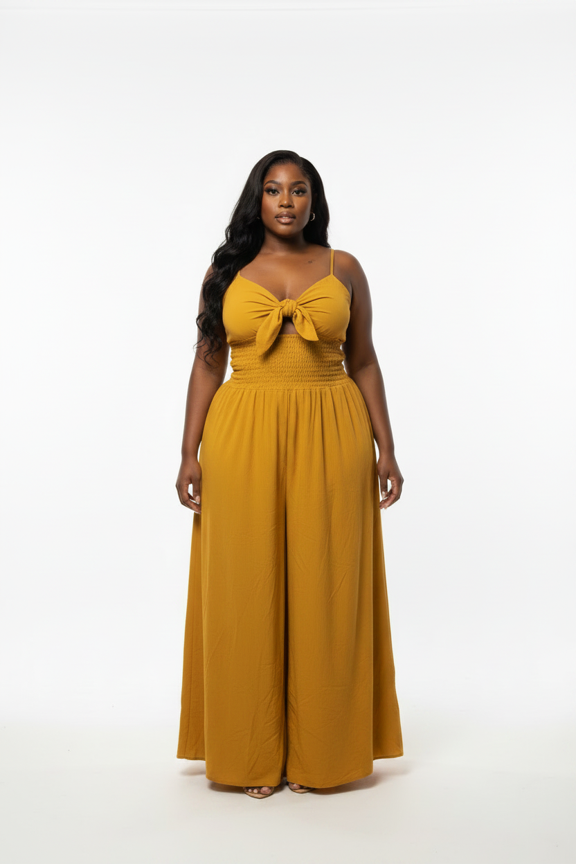 Mustard Tie-Front Jumpsuit on Black Curvy Model
