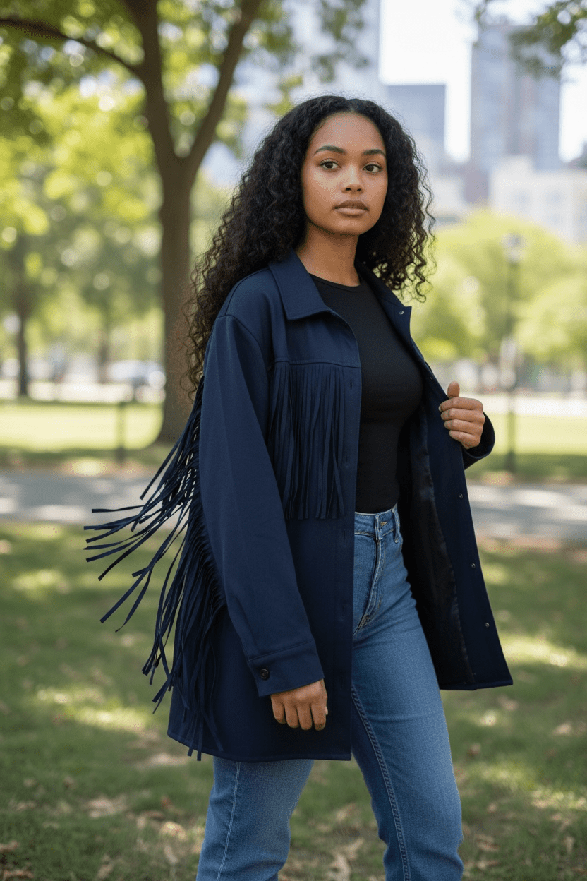 Navy Fringe Shacket - House of FaSHUN by Shun Melson