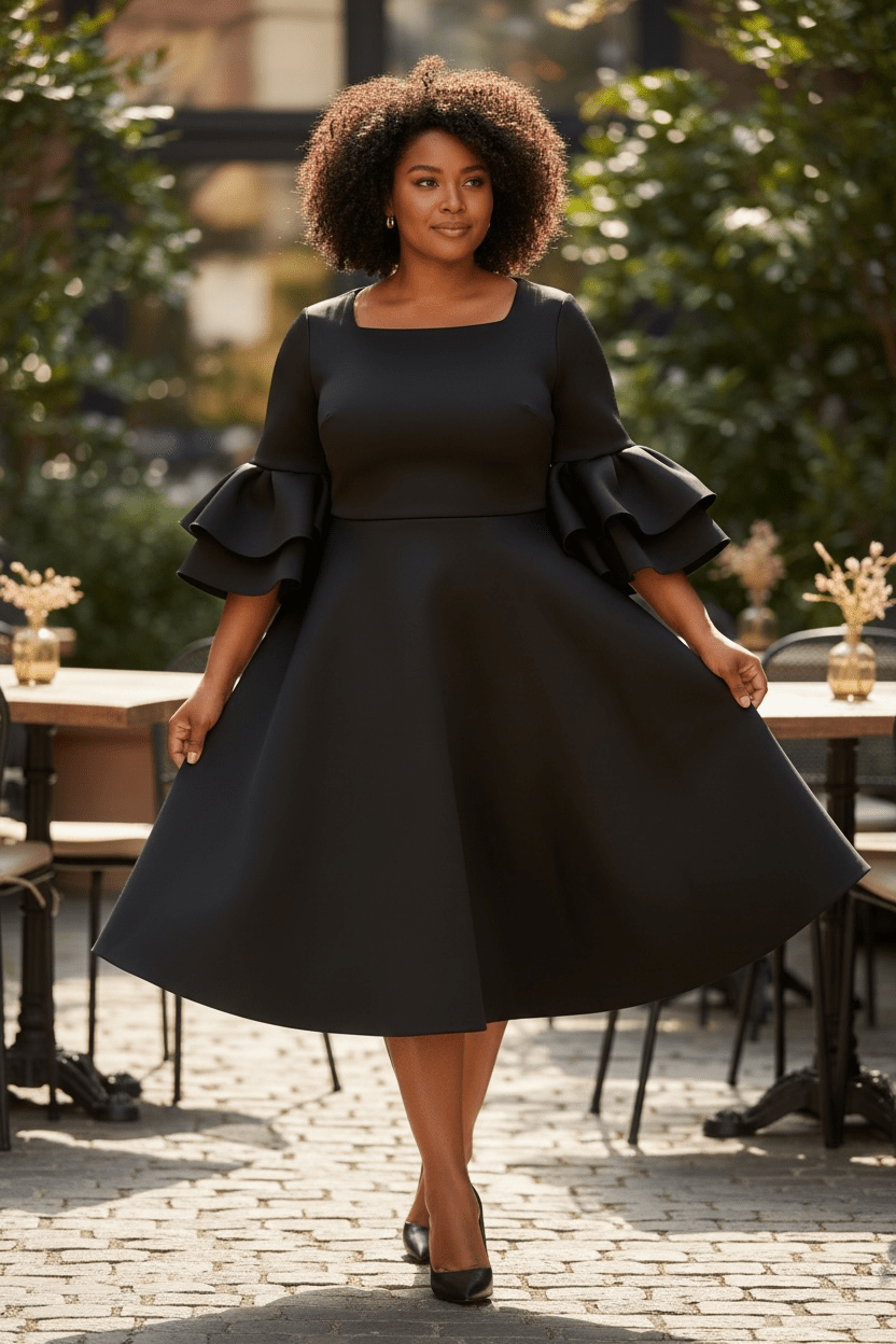 Neoprene Double Ruffle Sleeve Dress - House of FaSHUN by Shun Melson