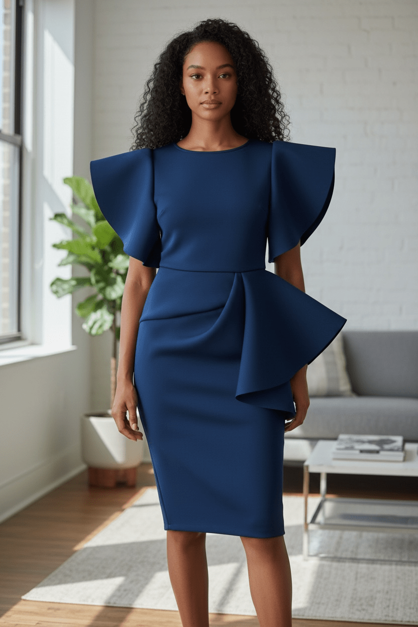 Neoprene Ruffle Sleeve Dress - House of FaSHUN by Shun Melson