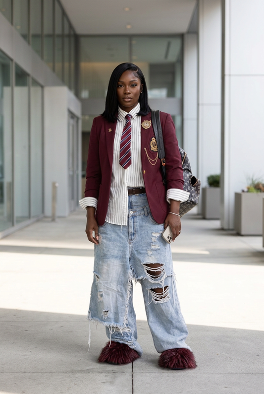 New model wearing the original burgundy blazer outfit