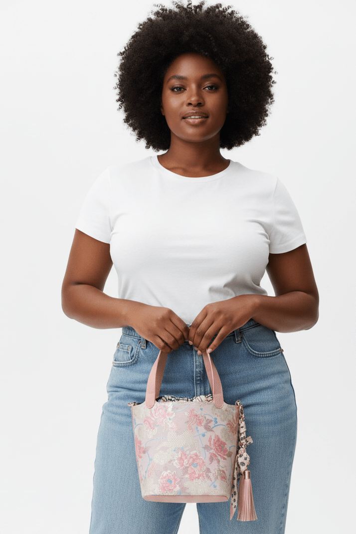 Pink Floral Dragon Jacquard Bucket Bag - House of FaSHUN by Shun Melson